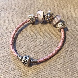 Pandora bracelet leather band and 5 charms